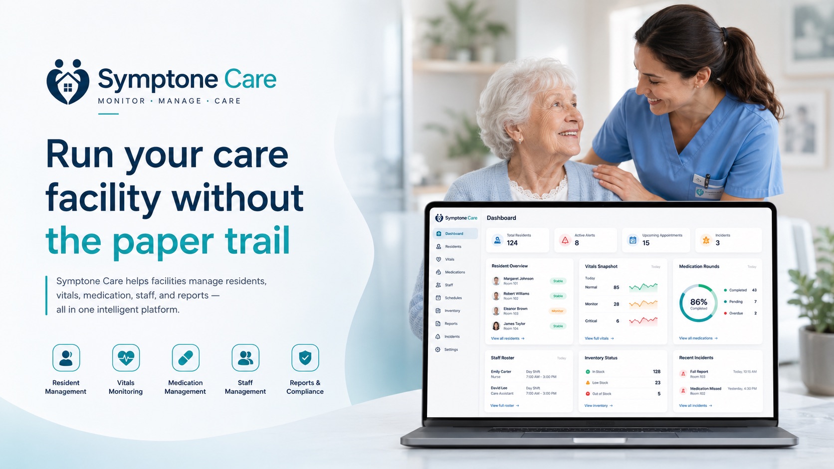 Symptone Care dashboard — patients, vitals, medication rounds, staff roster, inventory, and incidents in one view